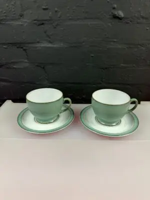 2 x Denby Regency Green Breakfast Cups 4" Wide and Saucers 3 Sets 1st Quality