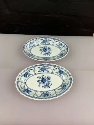2 x Johnson Brothers Indies Blue 8" Oval Plate Gravy Boat Stand Set