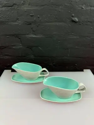 2 x Poole Twintone Ice Green Gravy Boats Sauce Jugs and Stands / Drip Plates Set