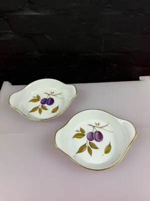 2 x Royal Worcester Evesham Gold Eared Gratin Serving Dishes 8.5" Wide Set Plums