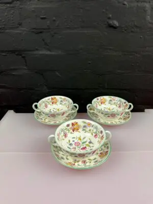 3 x Minton Haddon Hall Soup Coupes / Handled Bowls and Stands / Saucer Set