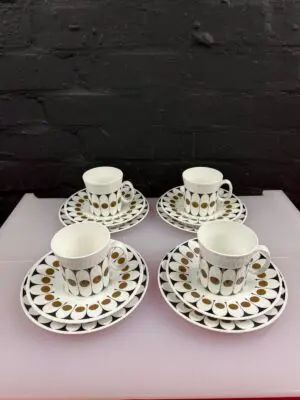 4 x Black Velvet Hostess Tableware Coffee Trios Cups Saucers Side Plates Set