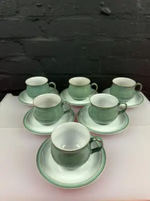 6 x Denby Regency Green Tea Cups and Saucers Set 2nd Quality