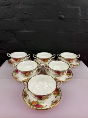 6 x Royal Albert Old Country Roses Soup Coupes Bowls and Stands Saucers Set