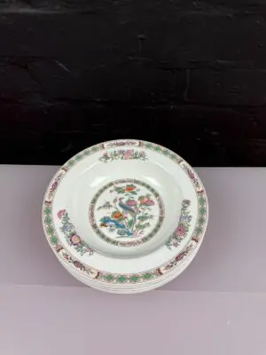 6 x Wedgwood Kutani Crane Rimmed Soup Bowls 8" Wide Set No Brown Rims
