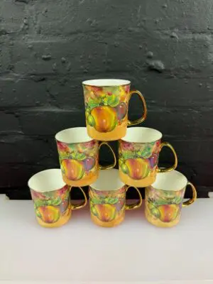 Autumn Harvest Hand Painted China Fruit Signed Tea Coffee Mugs 9.5 cm Set of 6