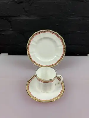 Royal Crown Derby Carlton Red A.1301 Coffee Trio Cup Saucer and Side Plate Set