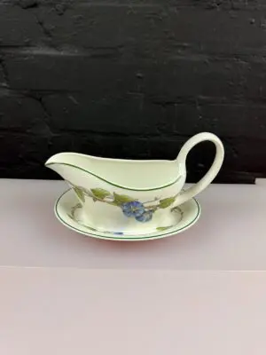 Wedgwood Blue Delphi Gravy Boat / Sauce Jug and Stand Drip Plate Set