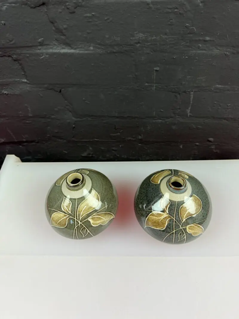 2 x Denby Fresco Leaves Rounds Bud Vases 4.5" High Pair