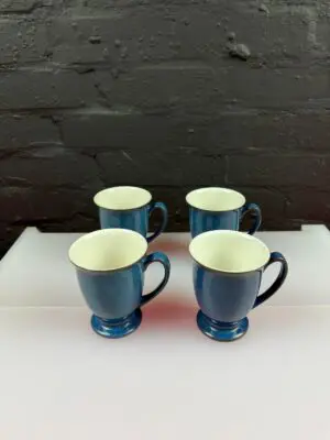 4 x Denby Boston Blue Curved Footed Tea Coffee Mugs 4.25" High Set