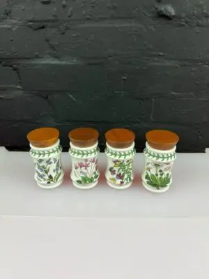 4 x Portmeirion Botanic Garden Storage Jars Wooden Lid 9 cm High Set Old Stamps