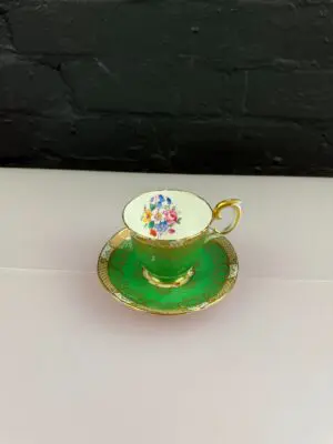 Crown Staffordshire Vintage Floral Pattern 15417 Green Coffee Cup and Saucer Set