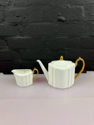 Wedgwood Y967 Tea Pot and Milk Jug RARE White and Gold 1920's Antique