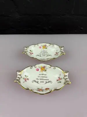 2 Royal Crown Derby Posies Silver Trays Trinket Dishes to Celebrate Millennium