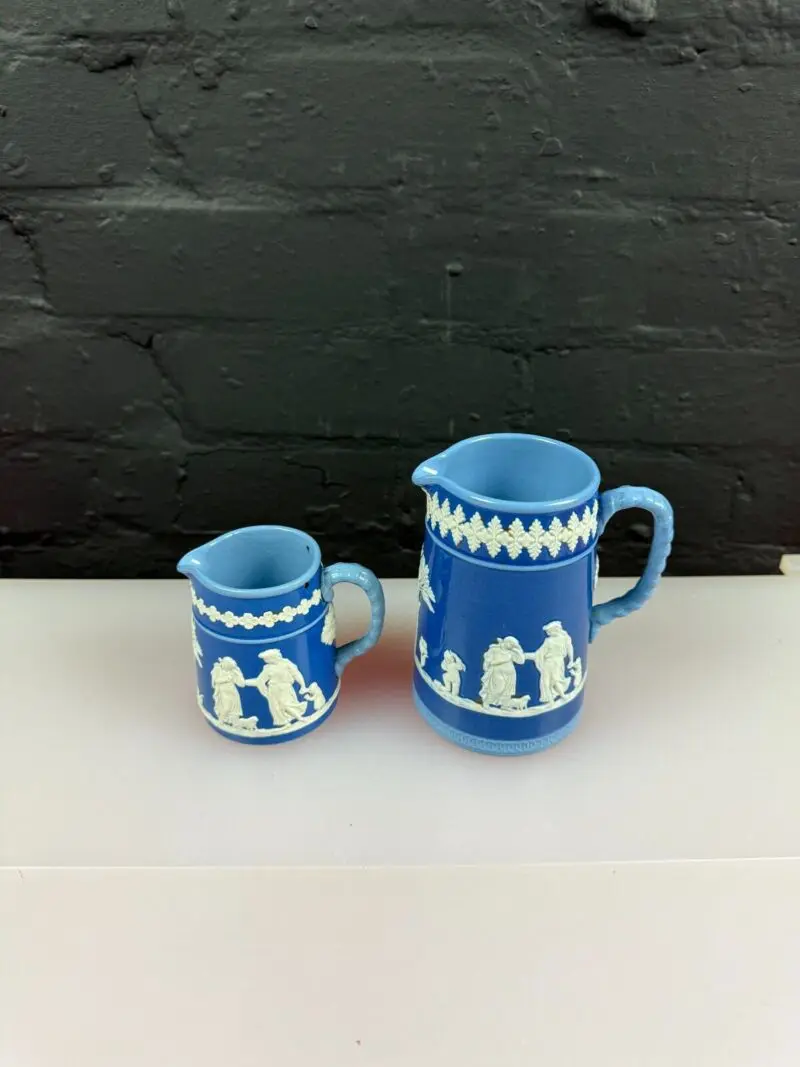2 x English Victorian Blue Jugs 5" and 3.25" Dudson Impressed Mark Jasper Ware