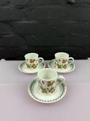 3 x Portmeirion Botanic Garden Coffee Cups Cans & Saucers Scarlet Pimpernel Set