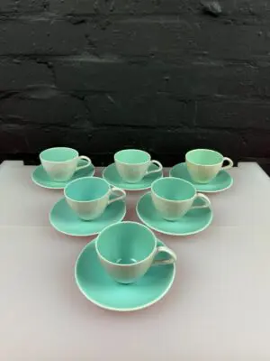 6 x Poole Twintone Ice Green Coffee Cups 7 cm Wide and Saucers Set
