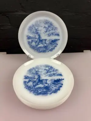 6 x Vintage Arcopal France Hunting Scene Dessert Plates 9" Wide Set