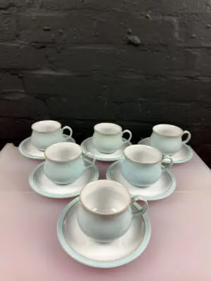 Denby Blue Linen Tea Cups and Saucers Set of 6 1st Quality
