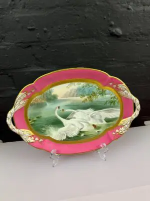 The Duel Swans Lake Pink Handled Gilt Hand Painted Plate Tray 13.25" RARE