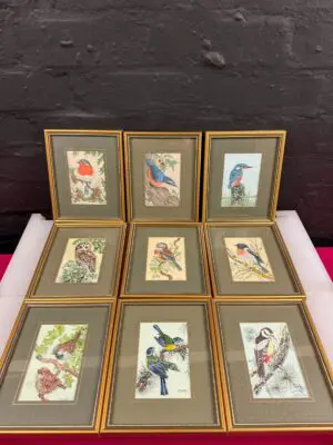 Vintage Cash's Woven Silk Picture of Birds 15 cm x 18.5 cm Set of 9