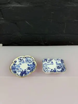 2 x Royal Crown Derby Blue Mikado Petal Round + Rectangle Trinket Dishes 1976
