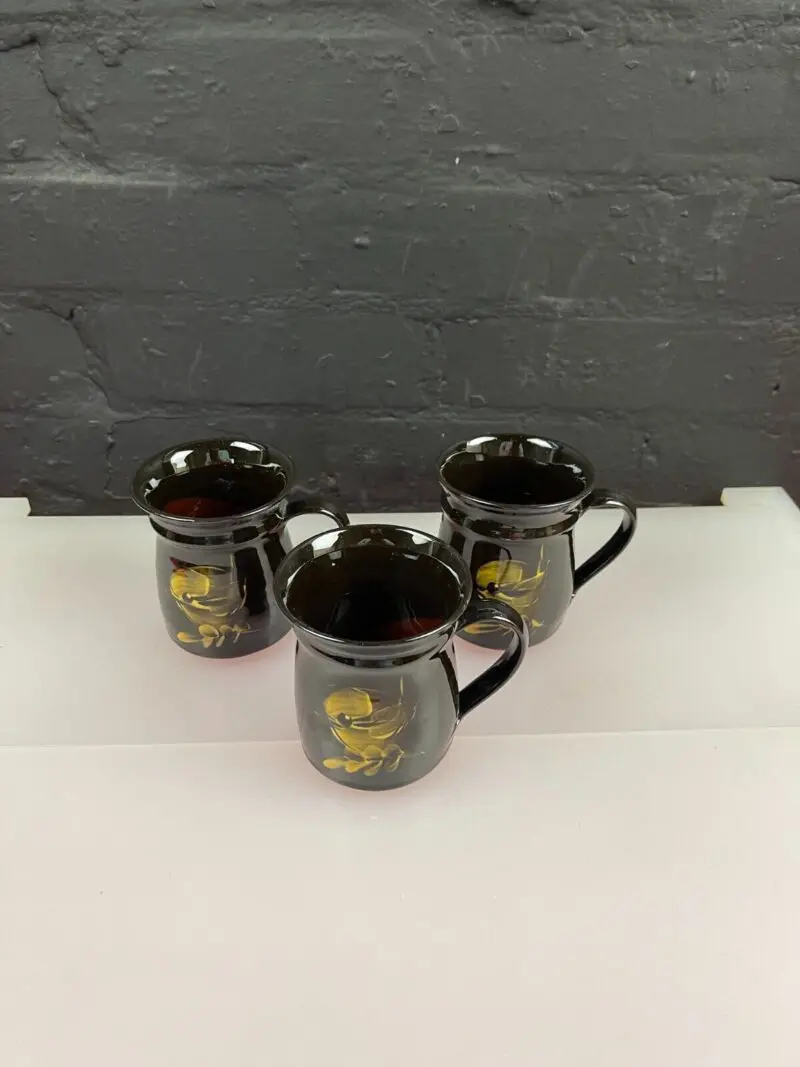3 x Vintage Dunster MP Studio Owl Flowers Pottery Earthenware Mugs 4" High Set