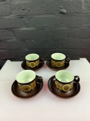 4 x Denby Arabesque Tea Cups and Saucers by Gill Pemberton Set