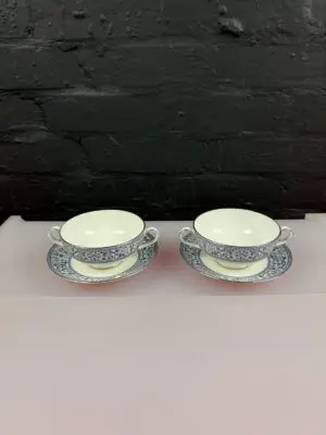 Minton Infanta Handled Soup Coupes / Bowls and Saucers / Stands Set of 2