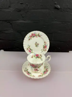 Royal Albert Moss Rose Tea Trio Cup Saucer and Side Plate Set