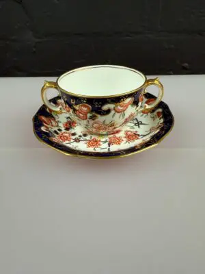 Royal Crown Derby Imari 9259 Two Handled Cup and Saucer Set Dated 1915