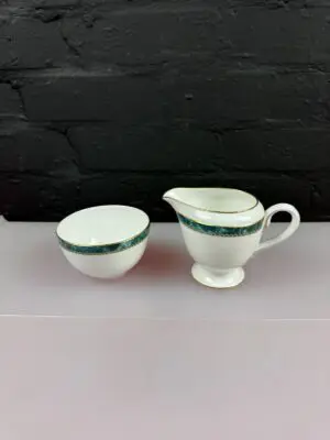 Royal Worcester Medici Green Milk Cream Jug 9.5 cm High and Open Sugar Bowl Set