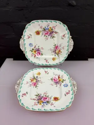 2 x Royal Crown Derby Posies Eared Square Cake Bread Plates 10.25" Wide 1933 Set