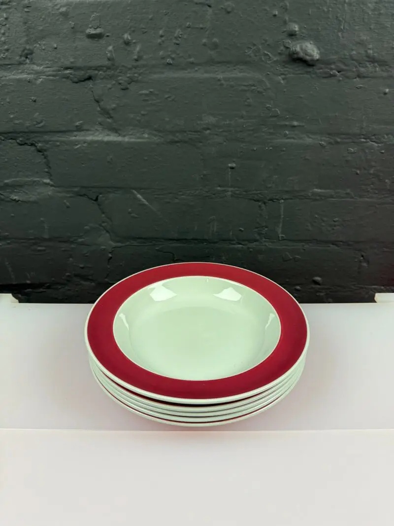 5 x Wedgwood Windsor Grey Red Rimmed Soup / Pasta Bowls 23 cm Wide Set