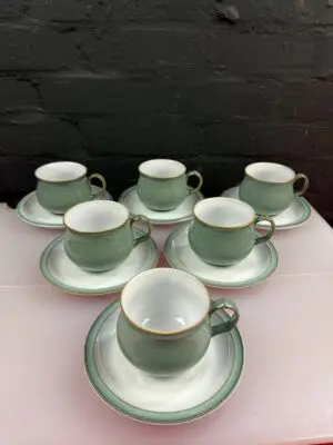 6 x Denby Regency Green Tea Cups and Saucers Set 1st Quality