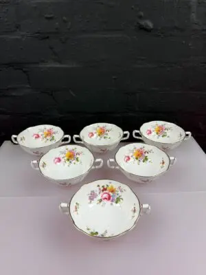 6 x Royal Crown Derby Posies Soup Bowls / Handled Coupes Set 2nd Quality