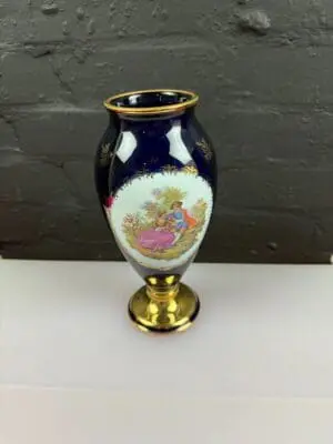 Limoges Castel Large Decorated Blue and Gold Vase 9.75" High