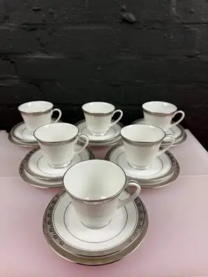 Noritake Legacy Platinum 4281 Tea Trios Cups Saucers and Side Plates Set of 6
