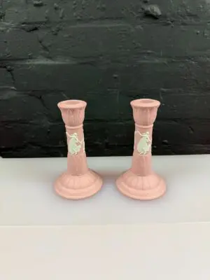 Wedgwood Jasper Ware Pink Candle Stick Holders 6" High Pair Dancing Hours Set