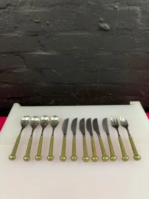 12 Denby Regency Ribbed Green / Brown Cutlery Knifes Spoons Forks 7.25" Long Set
