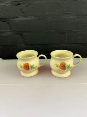 2 x Kernewek Pottery Cornwall Red Poppy Design Tea / Coffee Mugs / Cups 8 cm Set