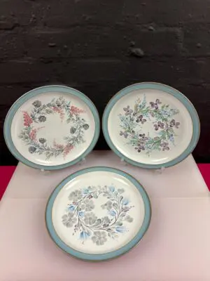 3 x Denby Colonial Blue Hand Painted Floral Dinner Plates 26 cm Signed Lyn Set