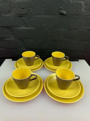 4 Poole Twintone Sweetcorn Yellow Brazil Brown Coffee Cups & Saucers Side Plates