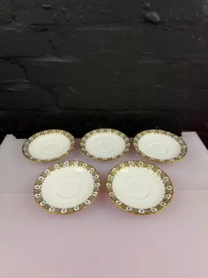 5 x Royal Crown Derby Gold and Gilt Heraldic Tea Cup Saucers 14.2 cm Wide
