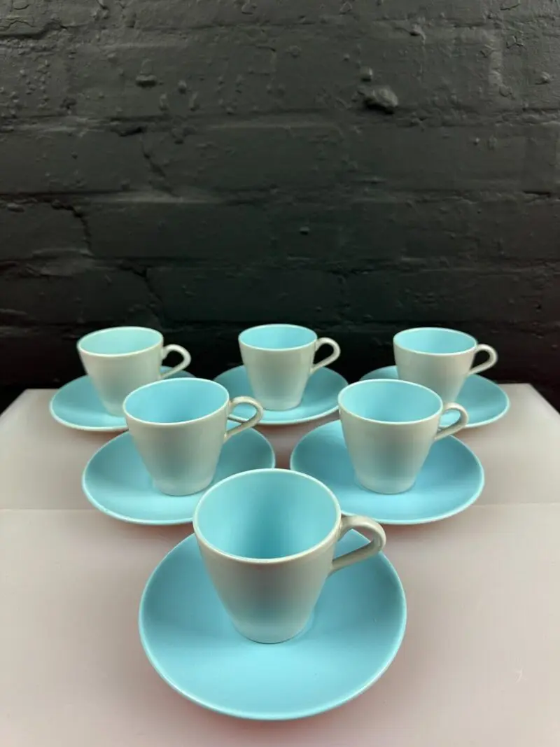 6 x Poole Twintone Sky Blue Dove Grey Cups and Saucers Last 2 Sets Available