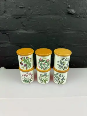 6 x Portmeirion Botanic Garden Storage Jars Wooden Lid 6.5 cm High Set Old Stamp