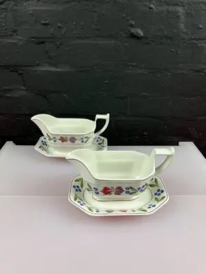Adams Old Colonial Gravy Boats / Sauce Jugs With Stands / Drip Plates Set of 2