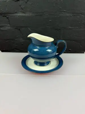 Denby Boston Blue Gravy Boat / Sauce Jug and Stand / Saucer Set
