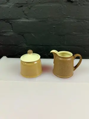 Denby Cinnamon Milk / Cream Jug 10 cm High and Covered Lidded Sugar Bowl Set 1st