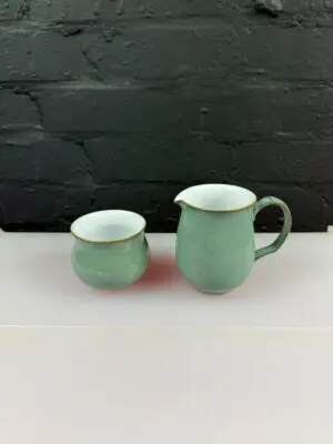 Denby Regency Green Milk Cream Jug 10.5 cm and Open Sugar Bowl Set 1st Quality